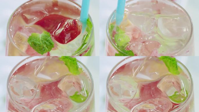 搅拌薄荷柚子茶气泡上升特写
