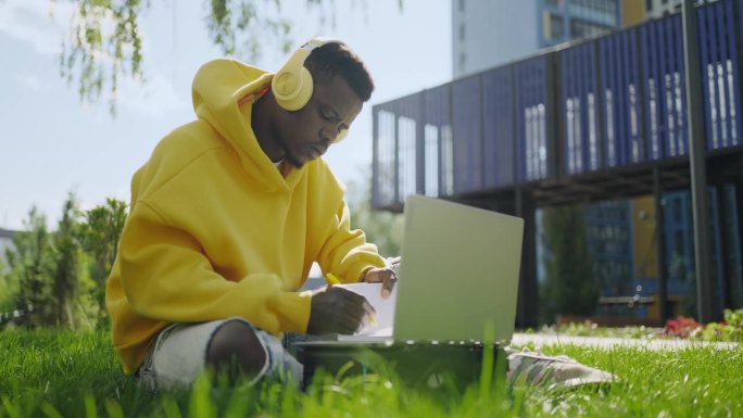 非裔美国学生在线学习，坐在公园里使用现代设备进行交流