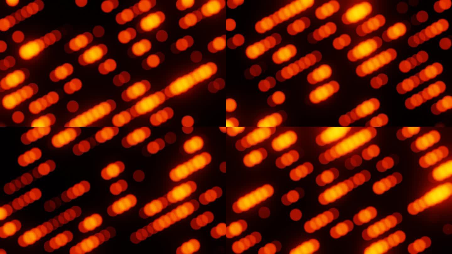 对角线模糊散景圈。在黑色背景上用红色、橙色和黄色模糊的圆圈的动态动画。散焦效应。循环动画