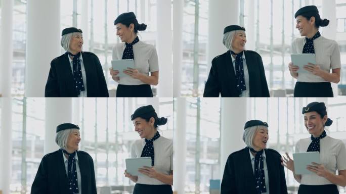 空乘人员、团队成员和女士们在机场规划时间表上边走边聊。开心的是，平板电脑和旅行空姐或员工一起在航站楼