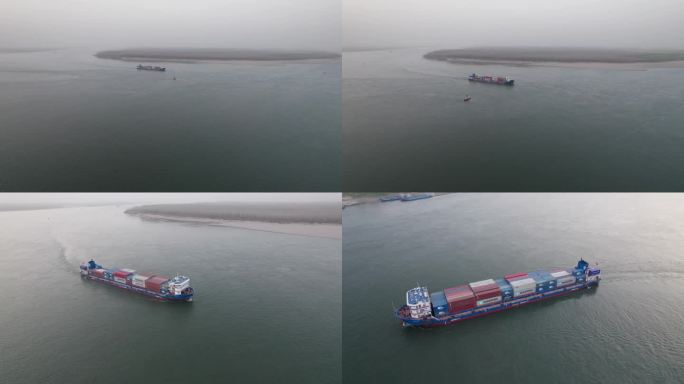 湖北石首长江江面装满集装箱的货轮4K航拍