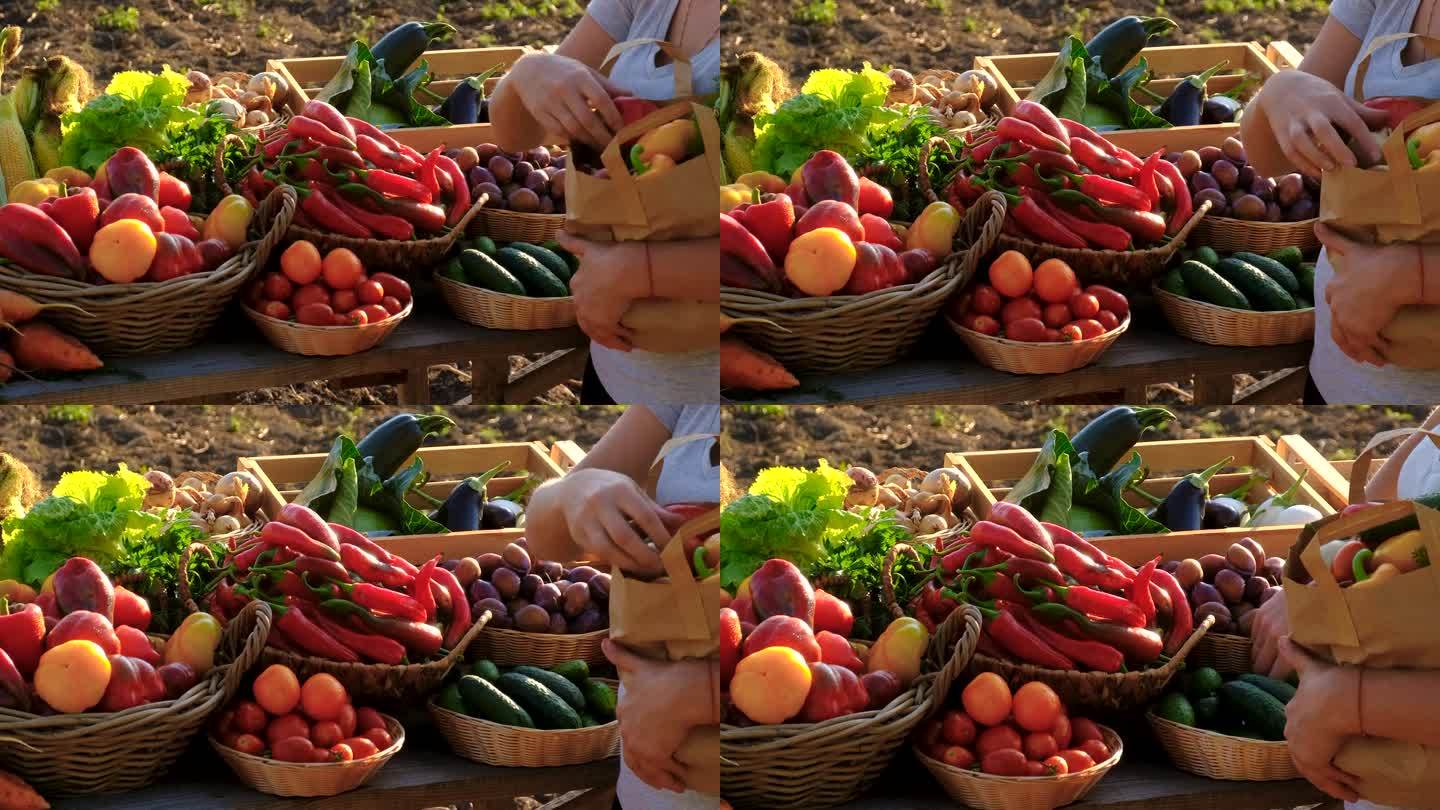 一位妇女在农贸市场买水果和蔬菜。有选择性的重点。食物。