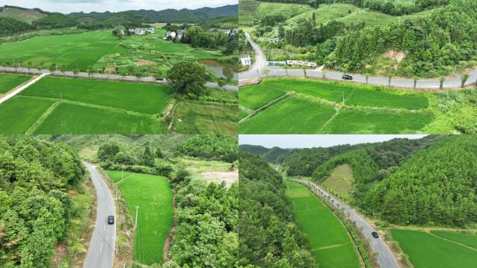 汽车行驶乡村公路航拍车辆行驶农村道路风景