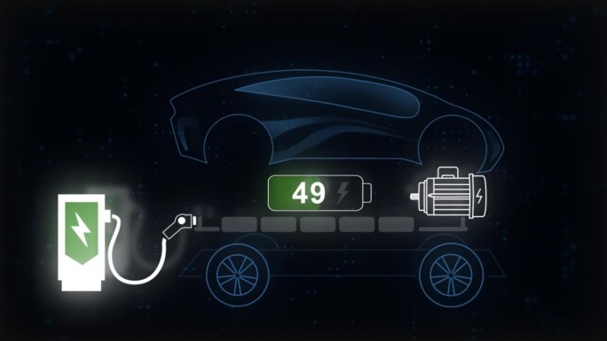 电动汽车电池指示器显示电池电量增加。电池指示灯显示它充满到100。电动汽车电池计。