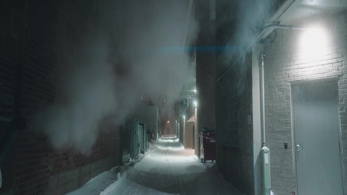 在一个下雪的寒冷冬夜，空荡荡的小巷。
