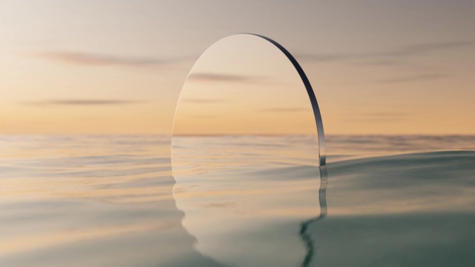 波浪海边沙滩和圆镜上的日落天空抽象的背景。自然和夏季的概念。3 d渲染。