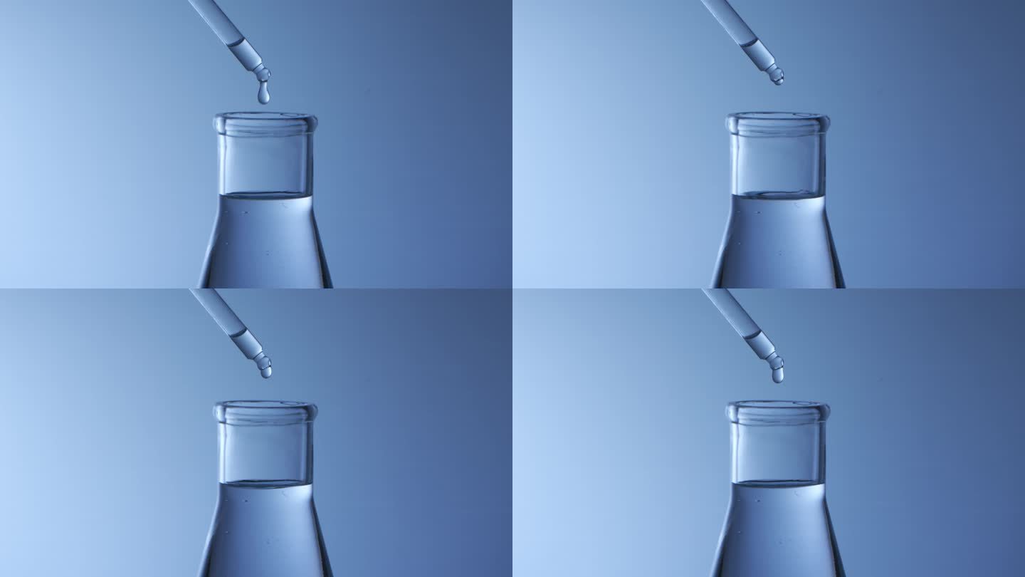 实验室滴管滴入液体到锥形瓶中  蓝色背景