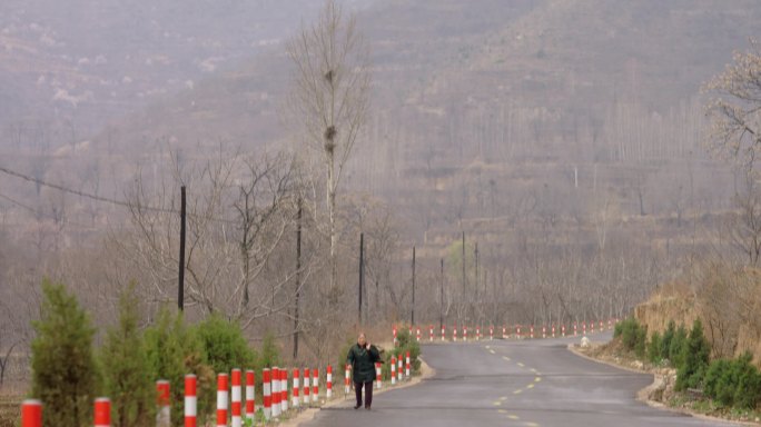 老太太背着行李走在公路上