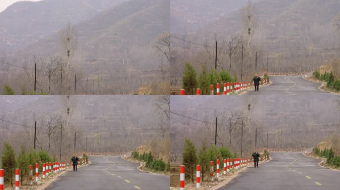 老太太背着行李走在公路上