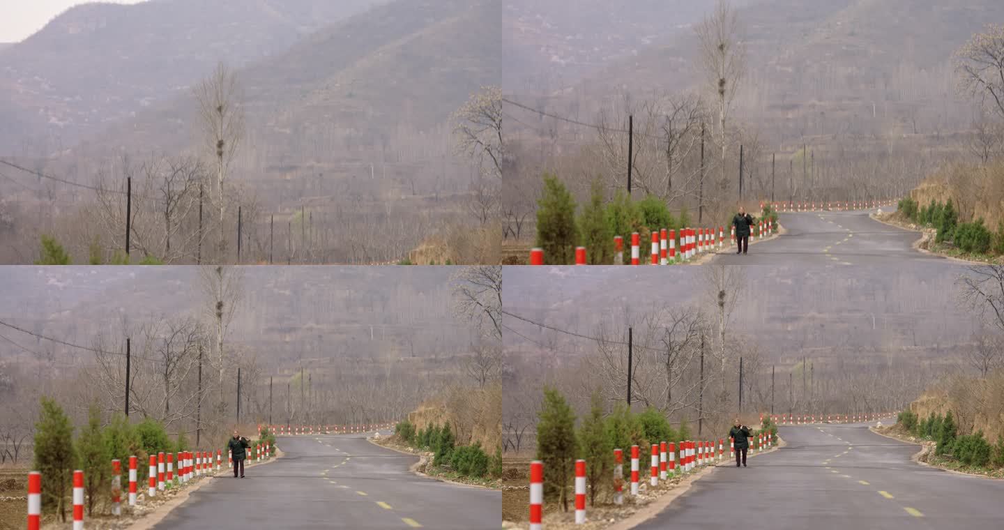 老太太背着行李走在公路上