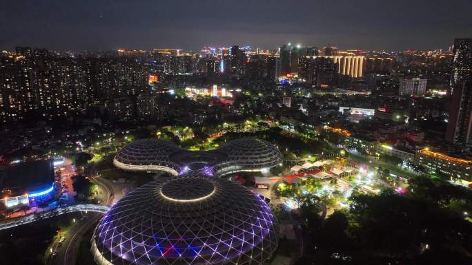 晚上航拍佛山文华公园夜景