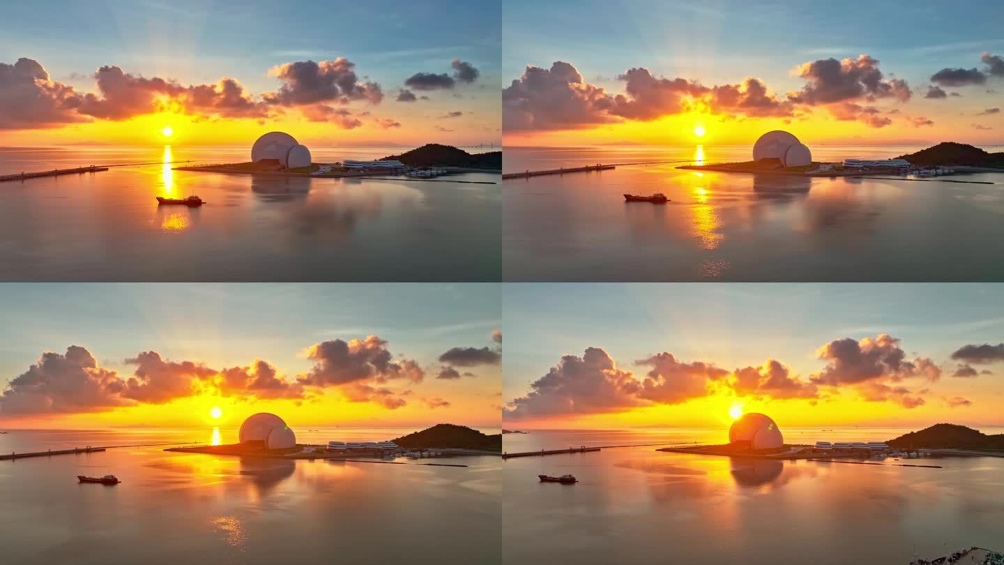 珠海日月贝歌剧院日出航拍/珠海大剧院