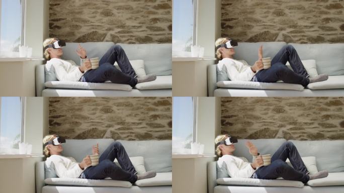 有魅力的男人戴着虚拟现实耳机，使用沉浸式视频概念在线约会