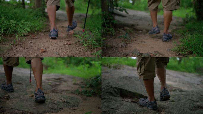 低角度拍摄，亚洲老人徒步探险。慢镜头