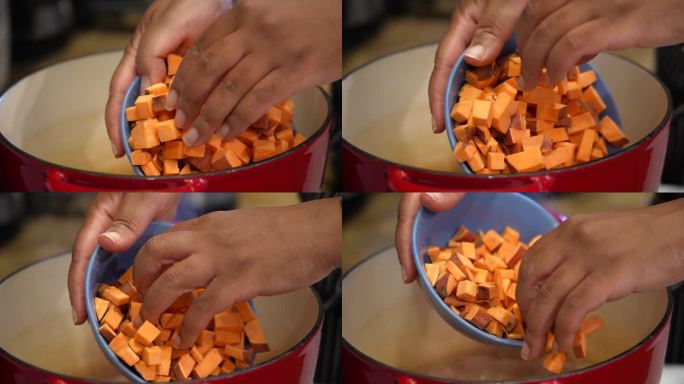 将切碎、切块的红薯块倒入锅中煮——慢动作