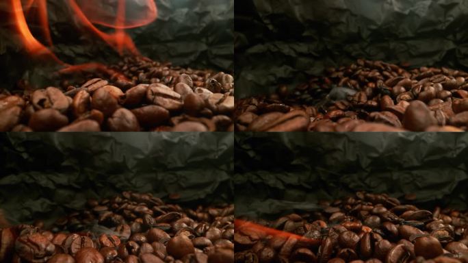 近距离烘焙咖啡豆火烧咖啡豆