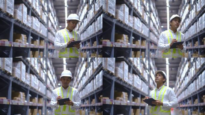 检查仓库大货架上的产品库存，并与同事一起使用对讲机进行订货。