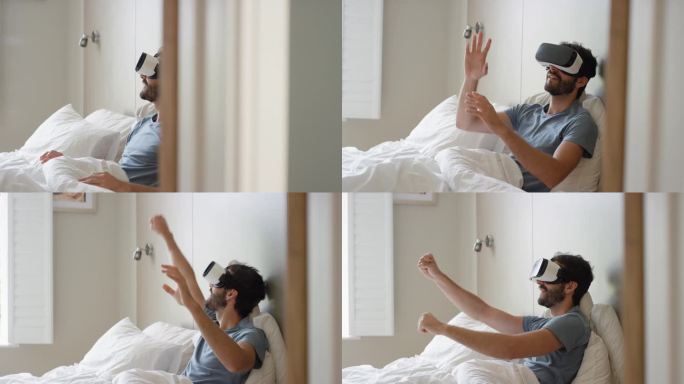 快乐的人躺在床上戴着虚拟现实耳机玩游戏玩游戏看360度视频想象概念