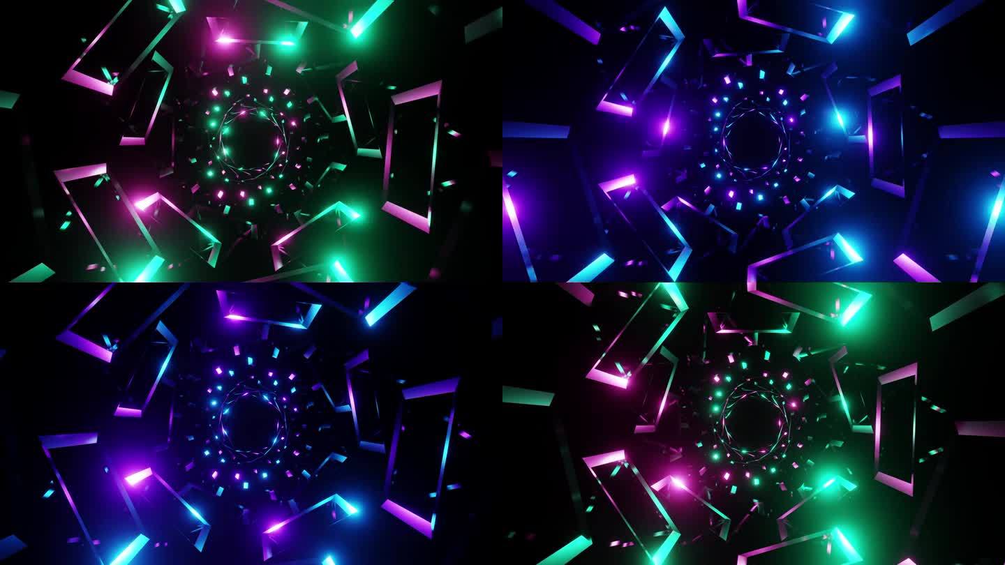 无缝隧道的抽象矩形与闪烁的彩色灯光3d渲染。音频频谱或音频可视化音乐节，迪斯科，音乐视频，vj循环，