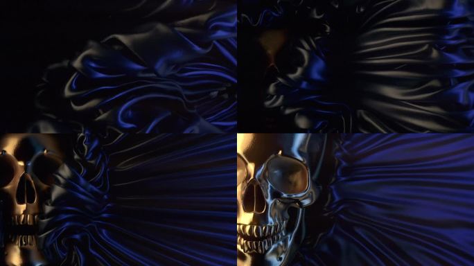 一个精致的金色头骨从闪亮的黑色织物的阴影中浮现出来。3d渲染数字动画高清
