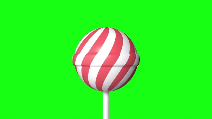 条纹红色和白色棒棒糖棒旋转绿色屏幕或色度键背景。旋转的草莓棒棒糖。变成红色和白色的糖果棒棒糖。无尽的