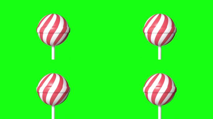 条纹红色和白色棒棒糖棒旋转绿色屏幕或色度键背景。旋转的草莓棒棒糖。变成红色和白色的糖果棒棒糖。无尽的