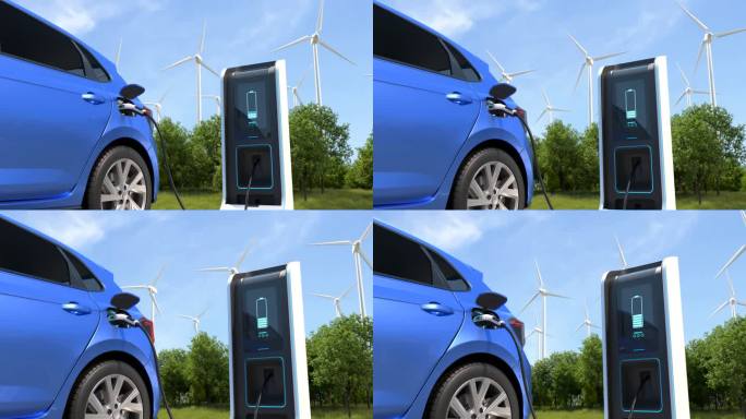 在充电站充电的电动汽车，具有风力涡轮机背景