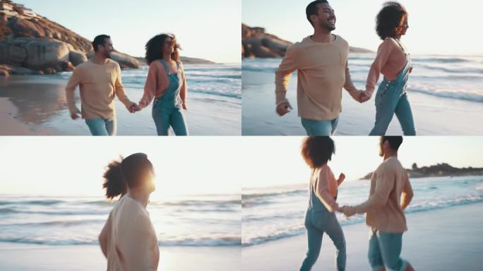 快乐的，跨种族的夫妇，在沙滩上跑步，一起过暑假，度假和蜜月约会。男人和女人牵手去海边散步，阳光和爱情