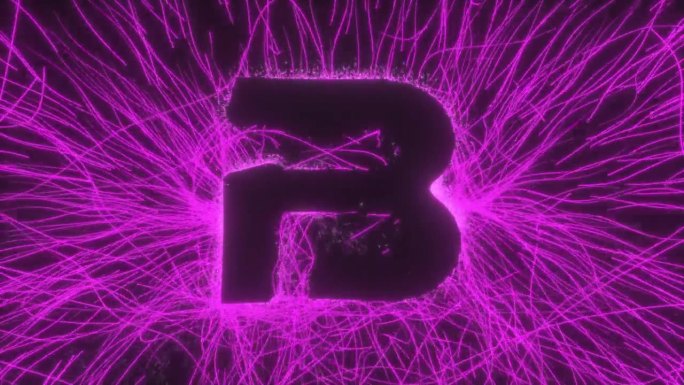 字母B在发光的霓虹灯电场中被黑色背景上的弯曲射线和火花所揭示