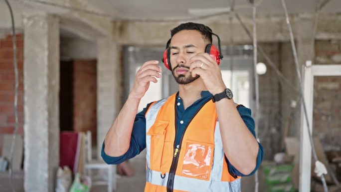 年轻的西班牙裔建筑工人双臂交叉，戴着消音耳罩在建筑工地