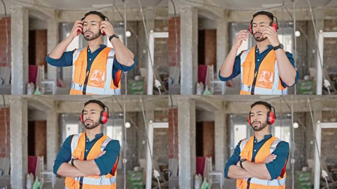 年轻的西班牙裔建筑工人双臂交叉，戴着消音耳罩在建筑工地