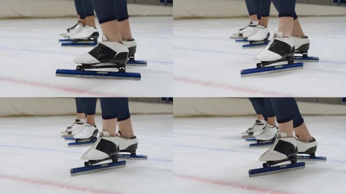 速滑运动员的脚穿着溜冰鞋冲刺