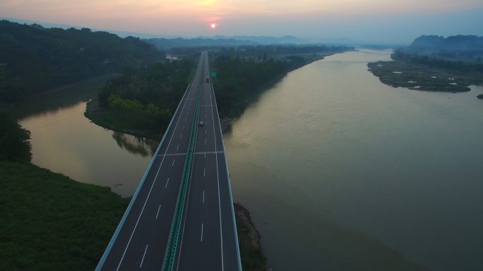 航拍中国四川乡村高速公路日落夕阳山川河流