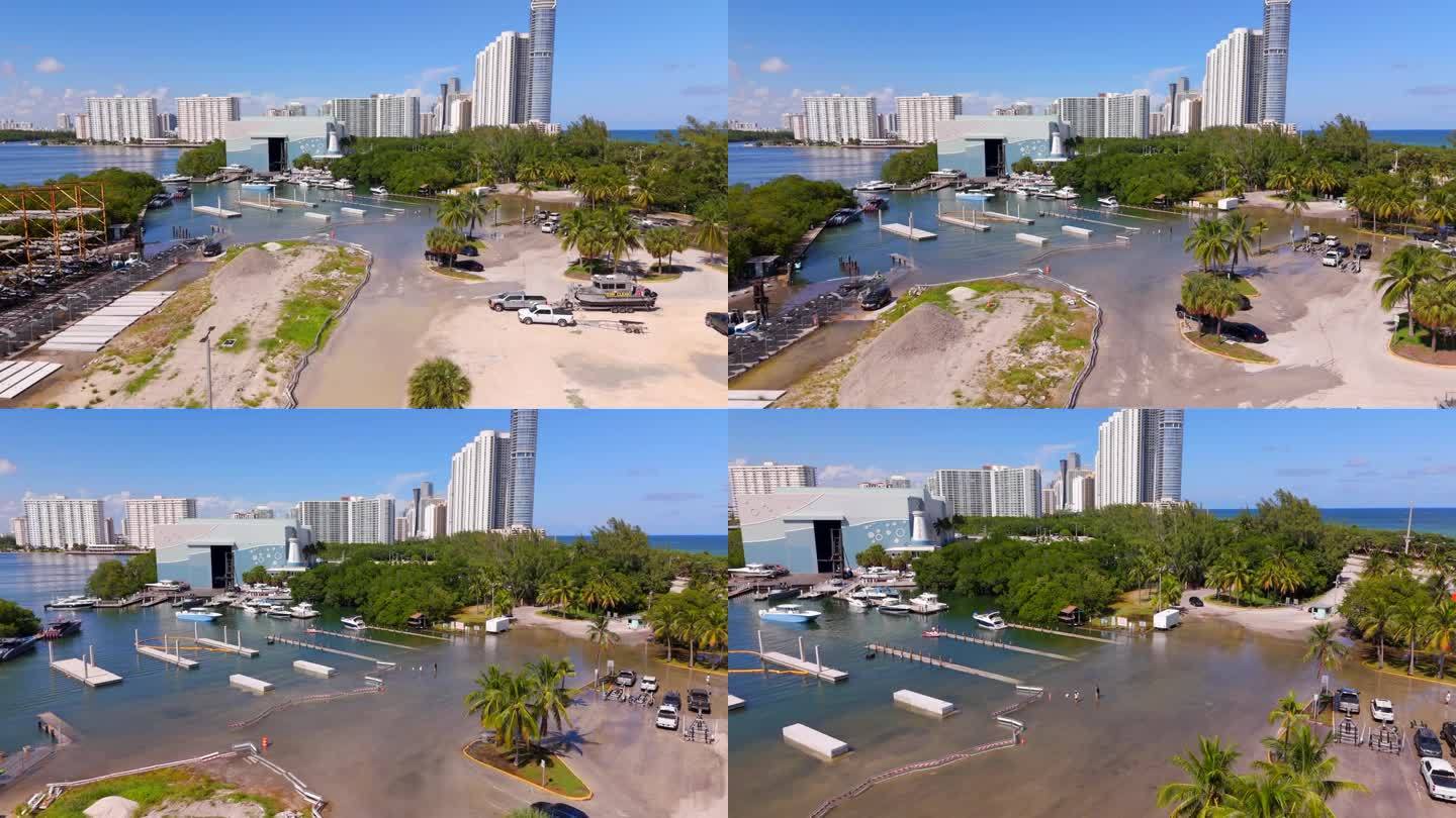 航拍新闻视频迈阿密船坡道因洪水气候变化水位上升而无法使用