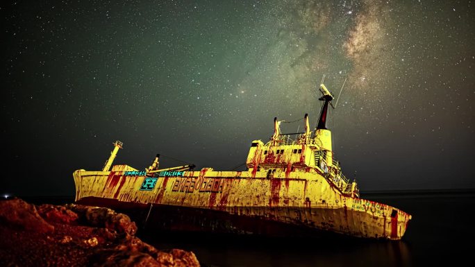 在塞浦路斯的岩石海岸上，银河系在布满星星的天空中经过。