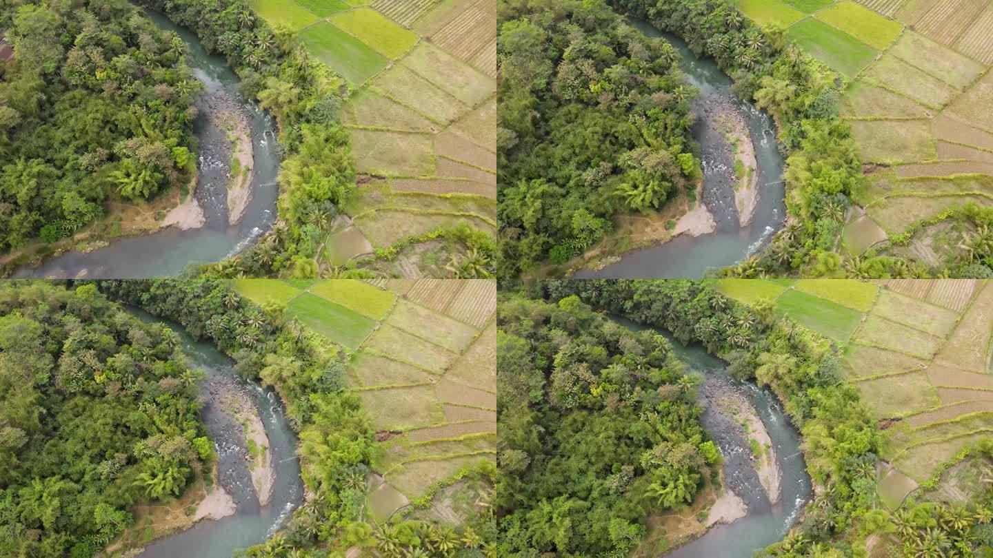 在印度尼西亚热带国家的自然蜿蜒河流鸟瞰无人机视图。值得信赖。轨道无人机拍摄