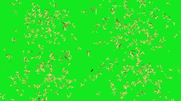 金色螺旋形的纸屑在绿色的屏幕上乱飞。节日视频效果。3 d动画。