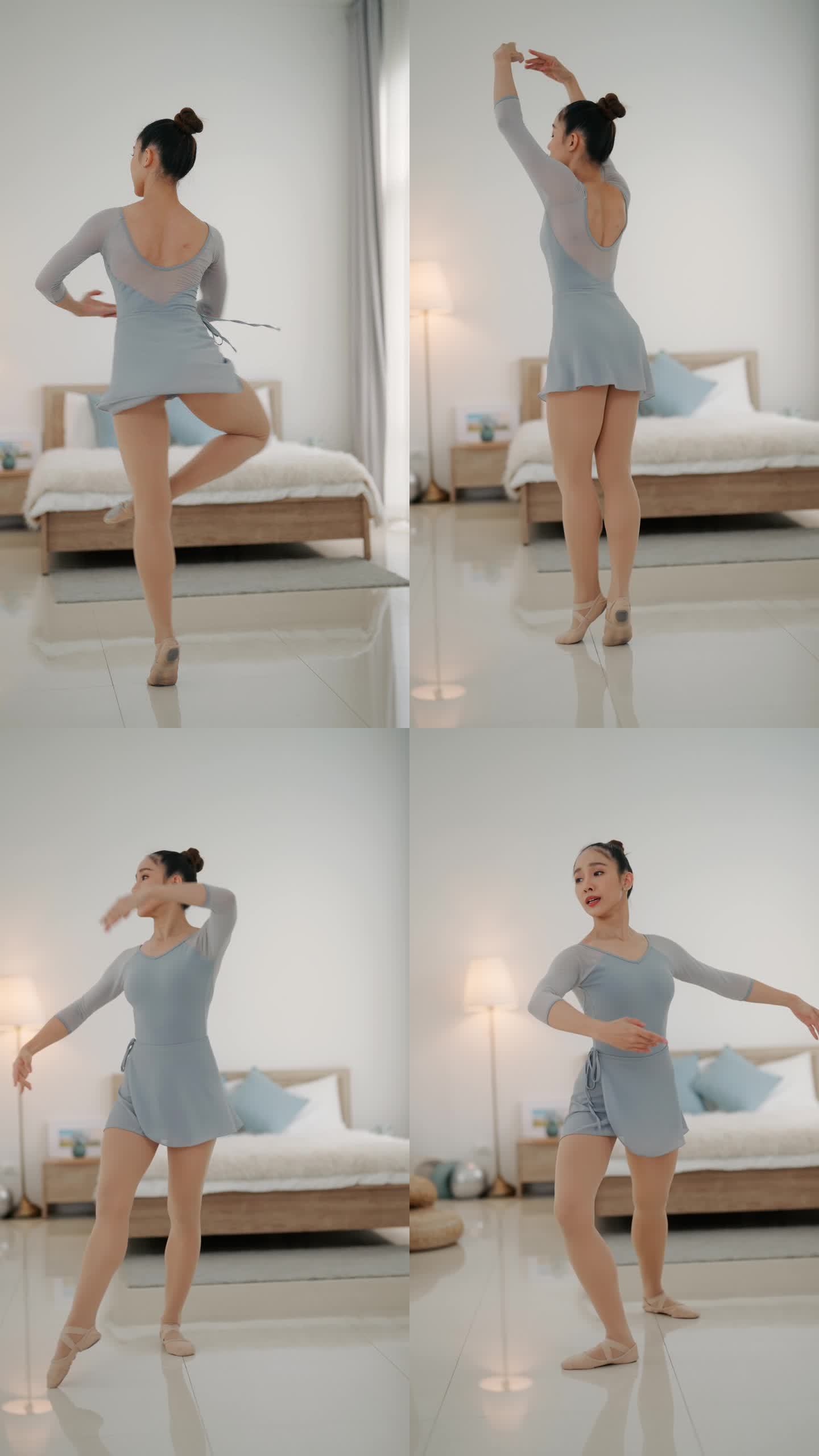 年轻的亚洲女子在家里练习芭蕾舞。
