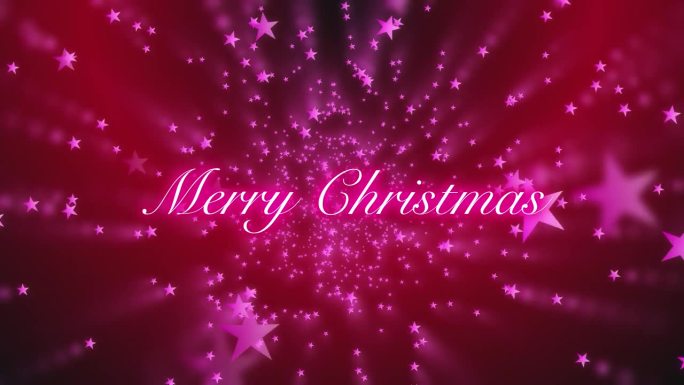 圣诞快乐的文字出现，而发光的粉红色星星飞走的红色和黑色渐变背景。模糊的动态图像。