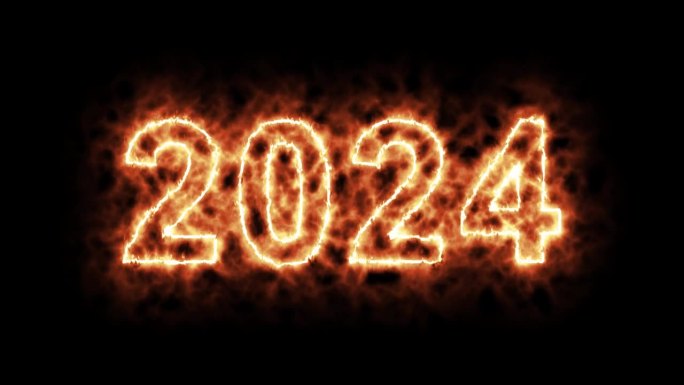 4K新年快乐2024，火焰火焰燃烧文本黑色背景，圣诞节，倒计时，日历，周年纪念。