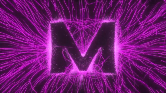 字母M显示在发光的霓虹灯电场弯曲的光线和火花在黑色背景