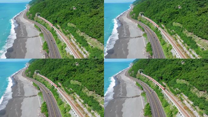 鸟瞰台湾台东的海岸线公路和火车。