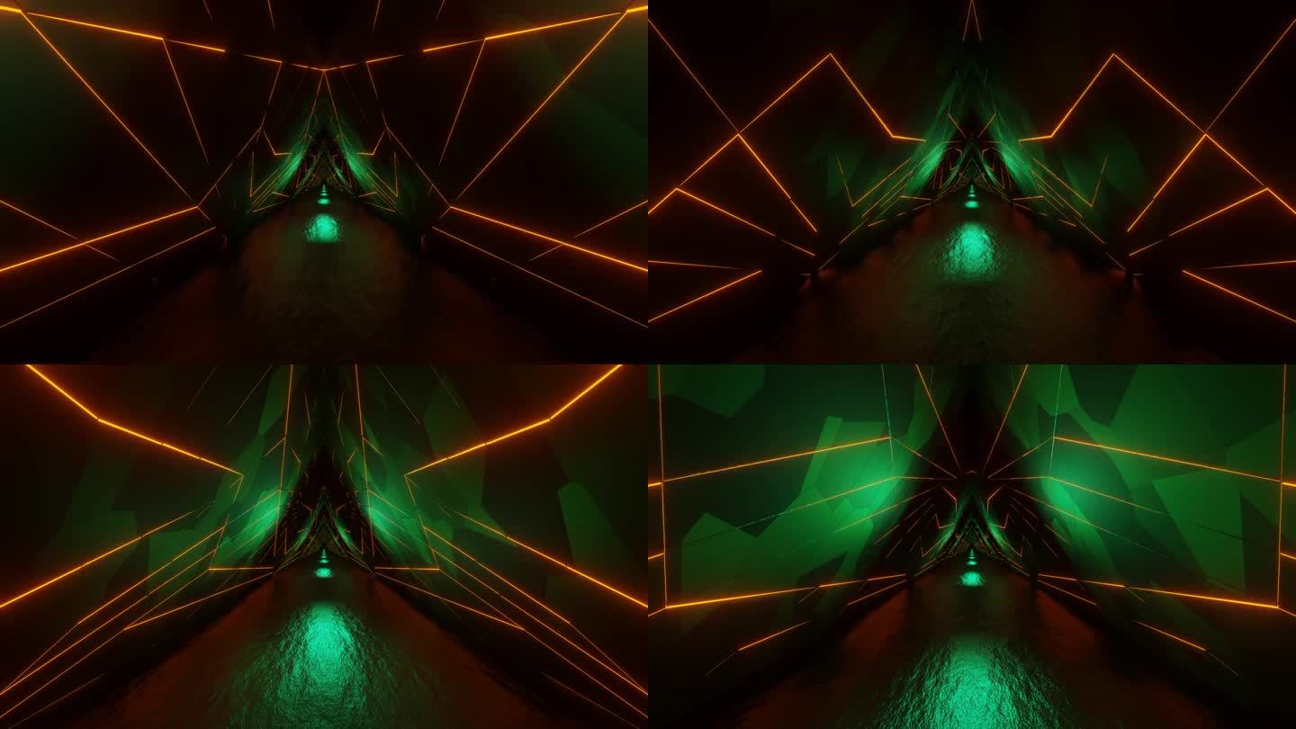绿松石和橙色三角形霓虹灯辉光隧道背景VJ环路在4K