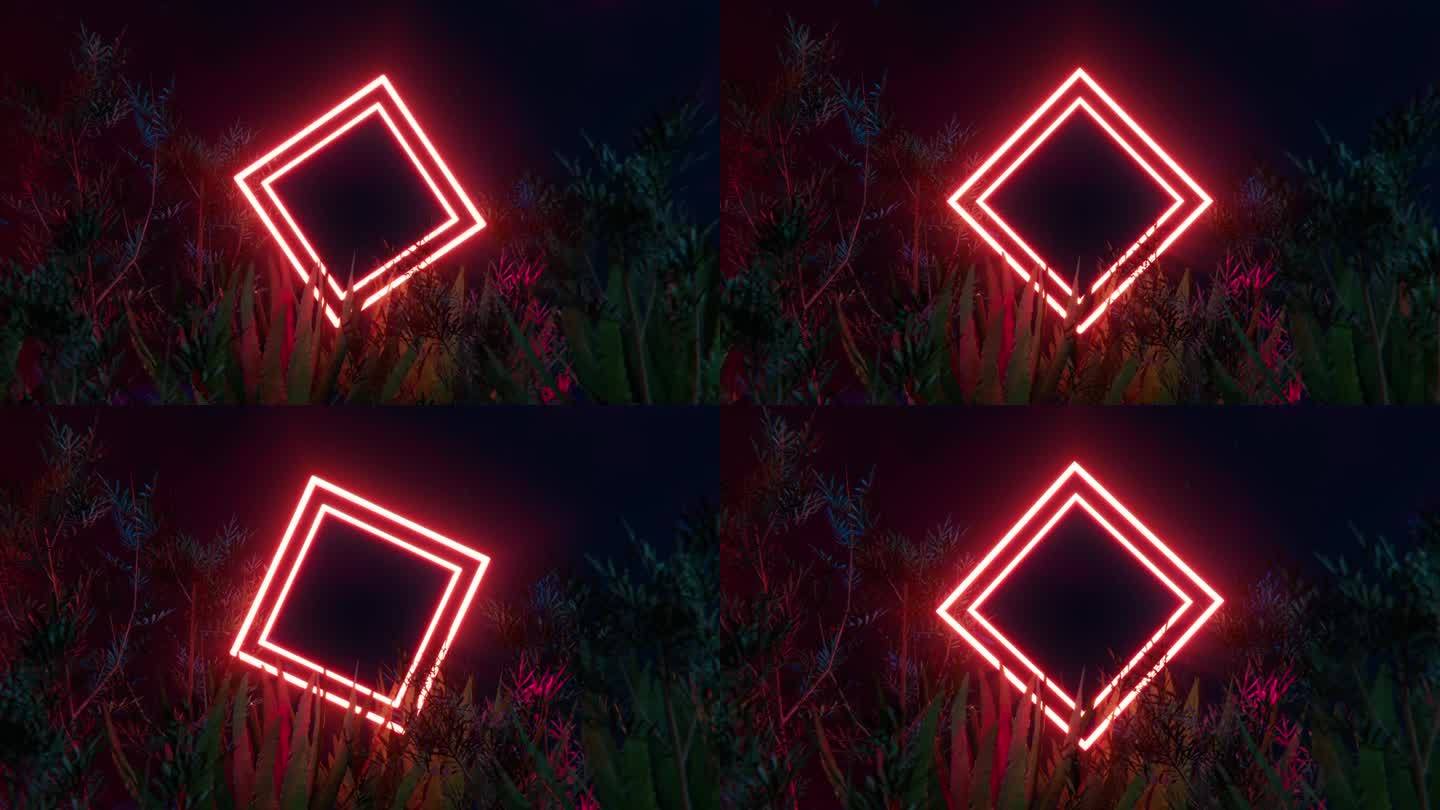 红色的霓虹灯在热带丛林中闪烁。循环3d动画。视频的背景