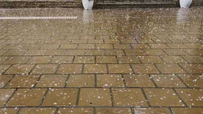 夹杂着冰雹的大雨点落在石板上。