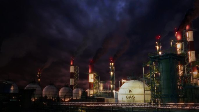天然气生态电站与储罐工业枢纽在夜间，有效的循环视频