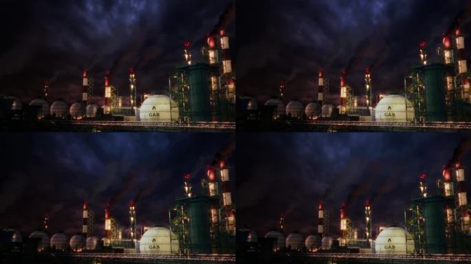 天然气生态电站与储罐工业枢纽在夜间，有效的循环视频