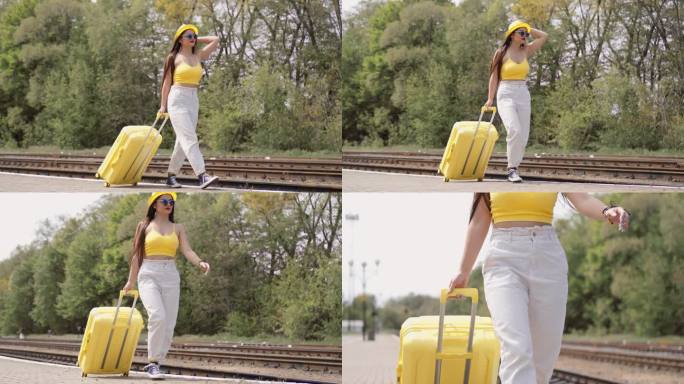 一个轻便的行李箱在站台上闪闪发光，体现了一个年轻女人的梦想和渴望，打开了旅游世界的新视野。女孩开始她
