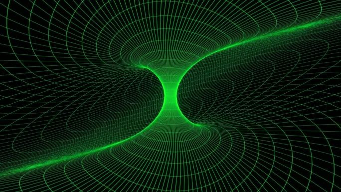 循环3d动画，视觉特效绿色漩涡网格，科幻。抽象循环背景。技术，VJ概念。明亮的Led灯未来隧道。无缝