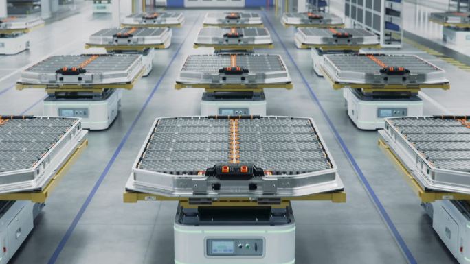 现代汽车智能工厂内一排排装载在AGV上的电动汽车电池组。工厂电动汽车生产线。高性能电动汽车自主制造工